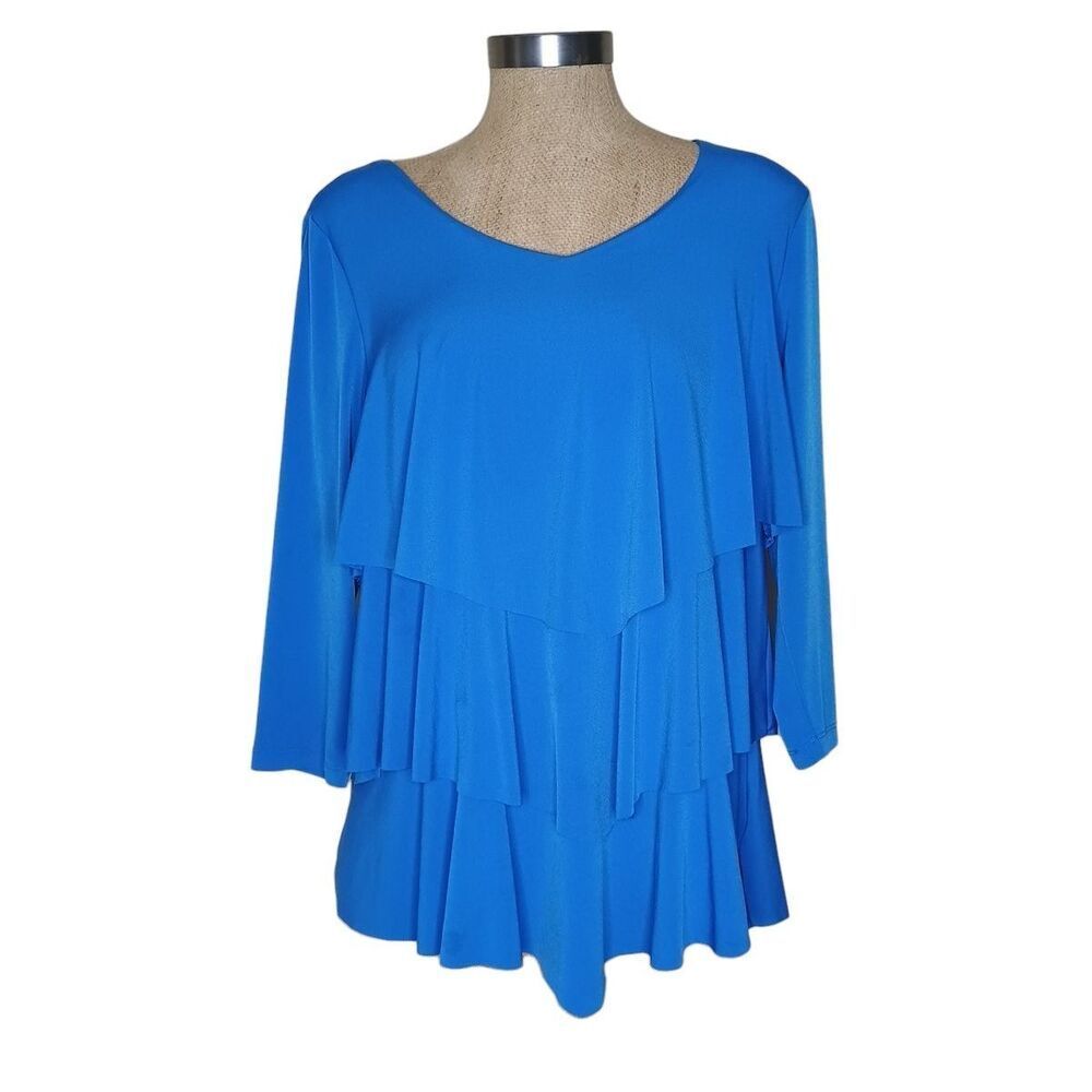 Susan Graver Blouse Top Women's Size S Blue Career Classic Tiered